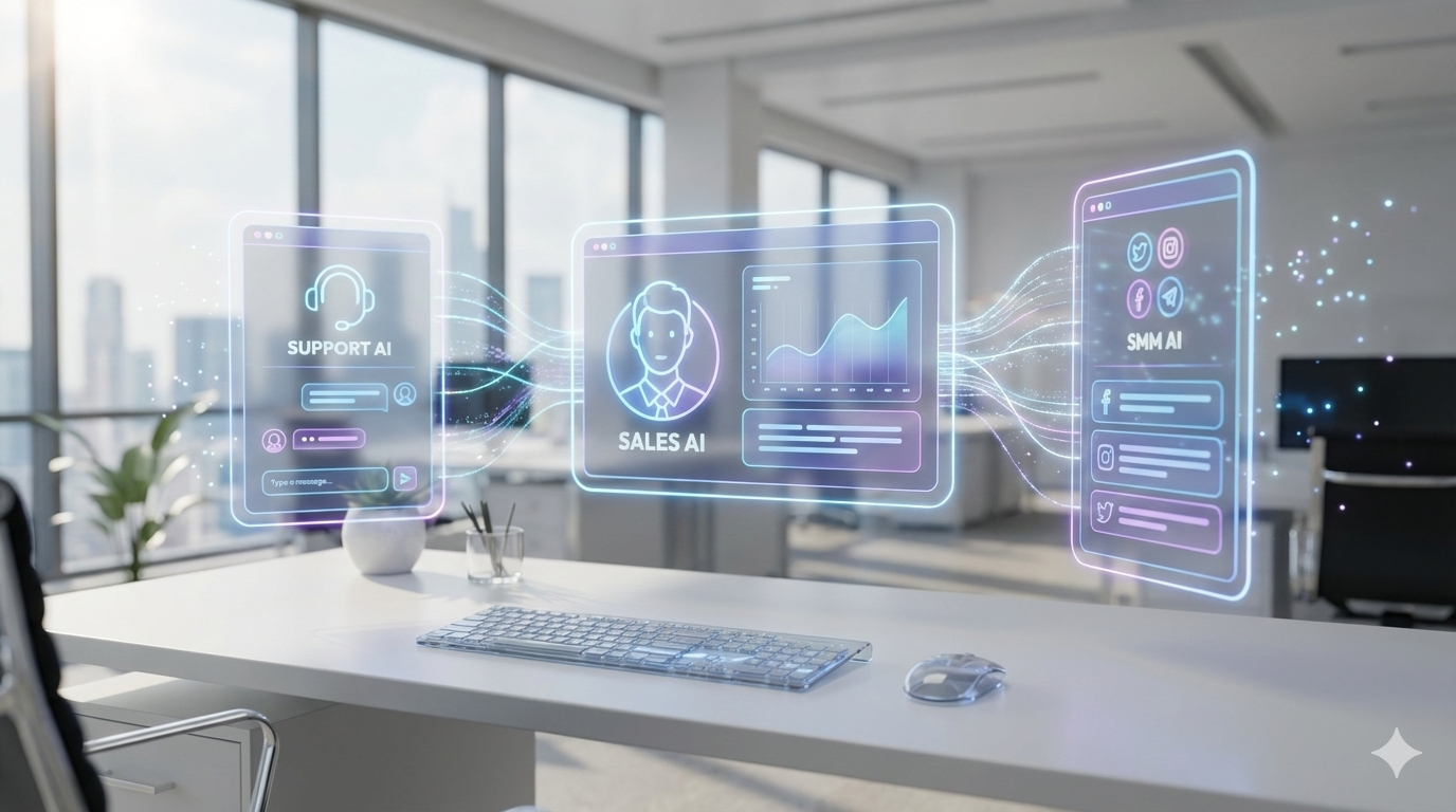 Превью проекта Линейка ИИ-сотрудников для бизнеса. Автоматизация продаж и SMM для Онлайн-бизнесы (услуги, школы, магазины)